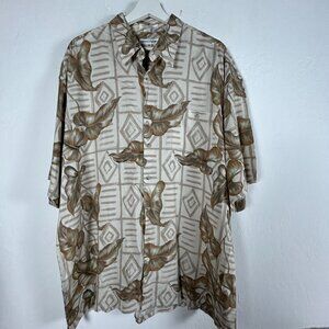 Pierre Cardin Mens Tropical Leaf Print Button-Up Hawaiian Shirt XL Beige Casual